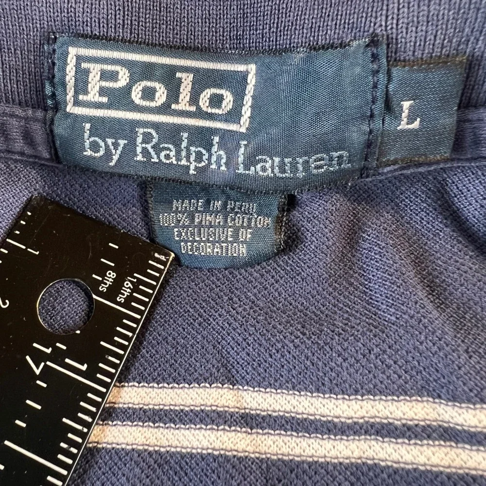 Polo Ralph Lauren Pima Cotton Striped Polo Shirt Navy Blue White Mens L
